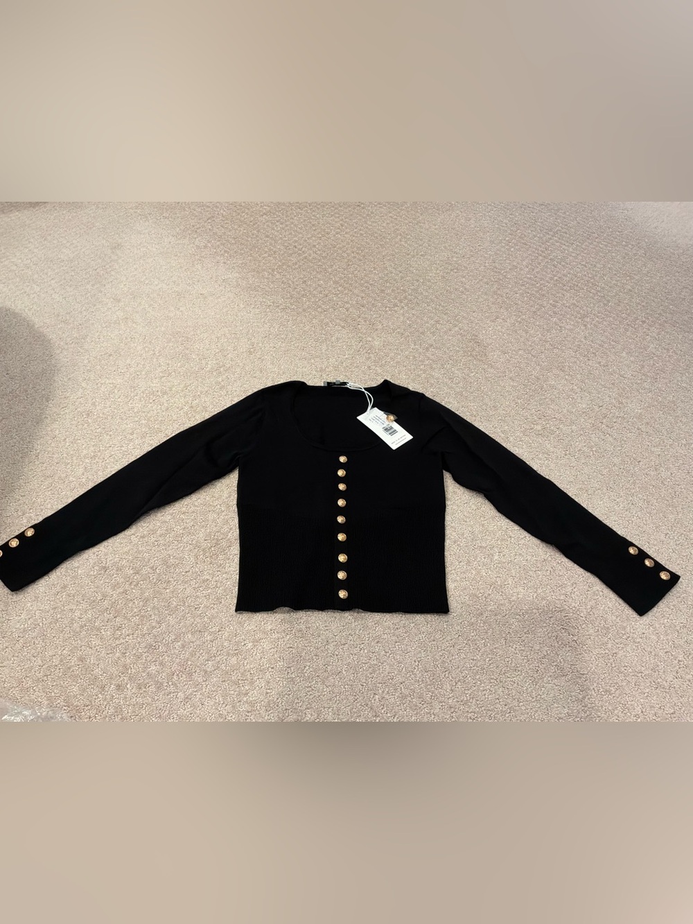 Noli Black Scoop-Neck Button Front Knit Top with Gold Buttons